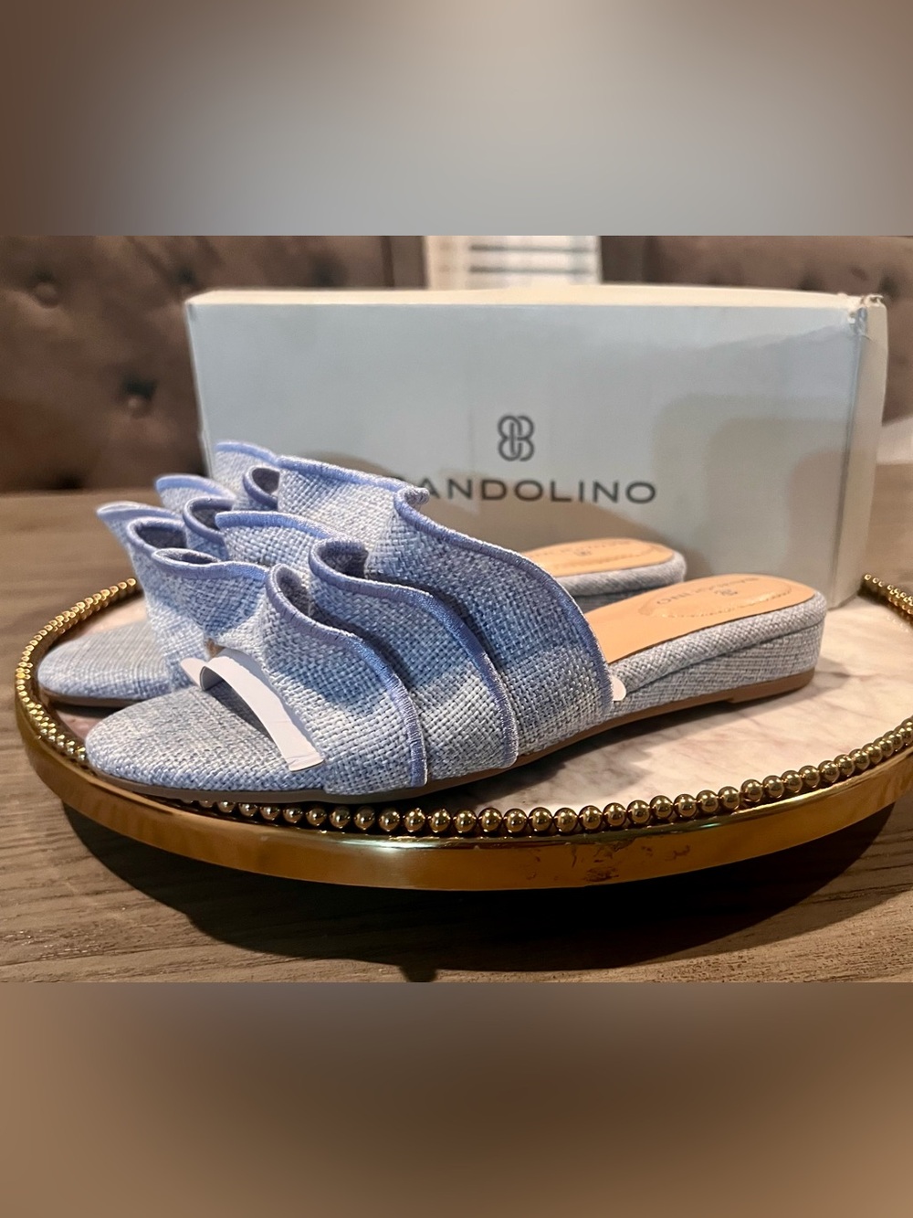 Bandolino Light Blue Ruffle Slide Sandals | Sz. 6.5. (NWB)